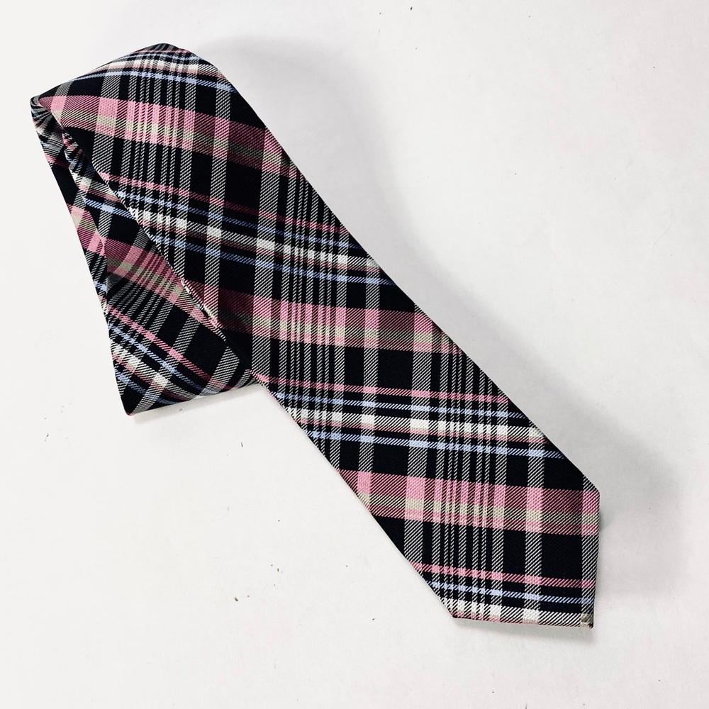 Original Penguin Navy Pink White Plaid 100% Silk Thin Tie